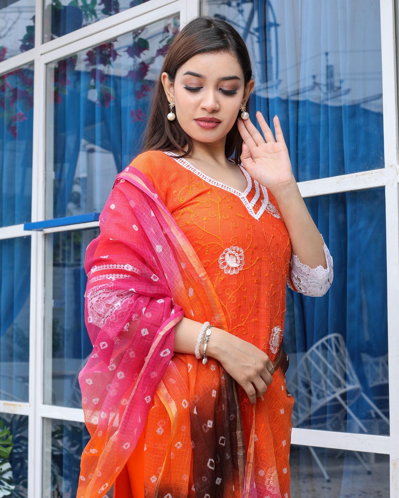 Ziyorah| Kota Doria Orange Suit Stitch Embroidery 3/4Th Sleeve