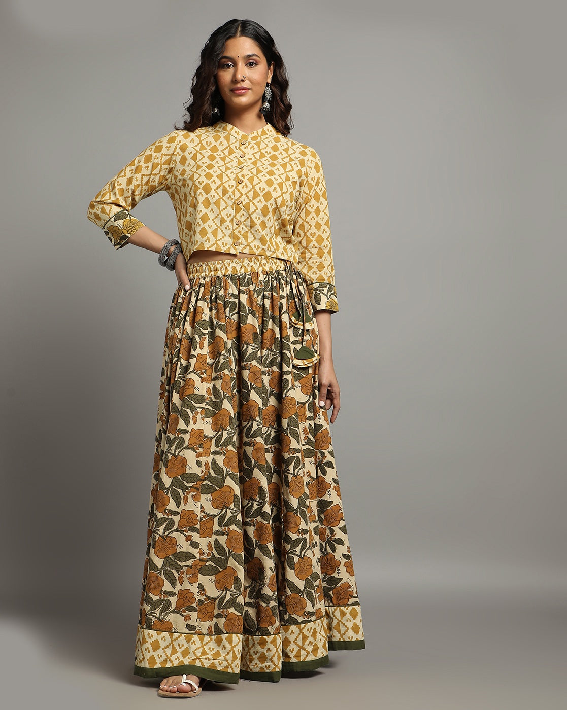 Ziyorah | Blockprinted Cotton Green Stitched Lehanga