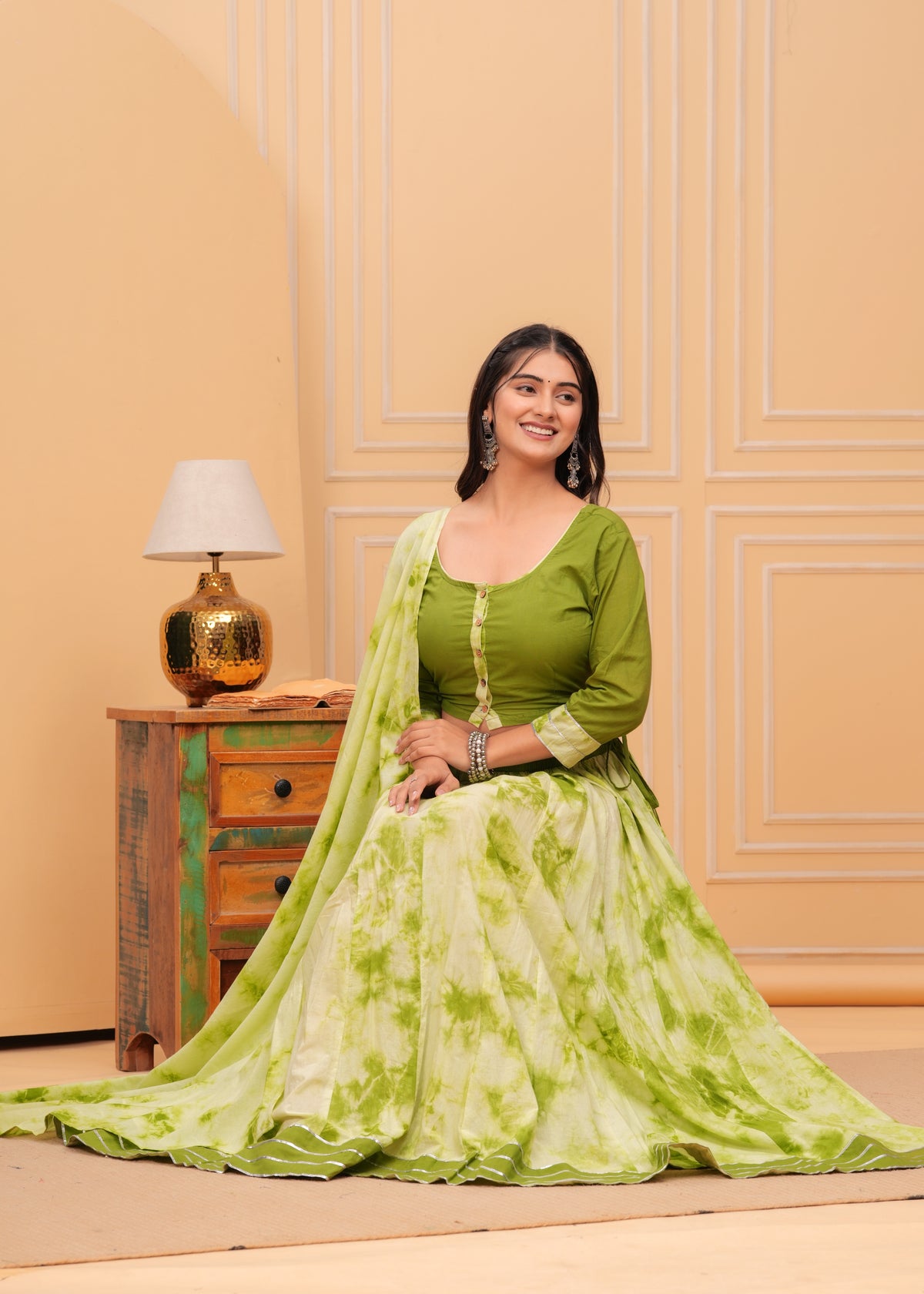 Ziyorah | Blockprinted Green Lehanga Choli Set