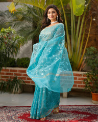 Ziyorah| Pure Cotton Kota Doria Saree Turquoise Blue Color Jaal Embroidery With Running Blouse