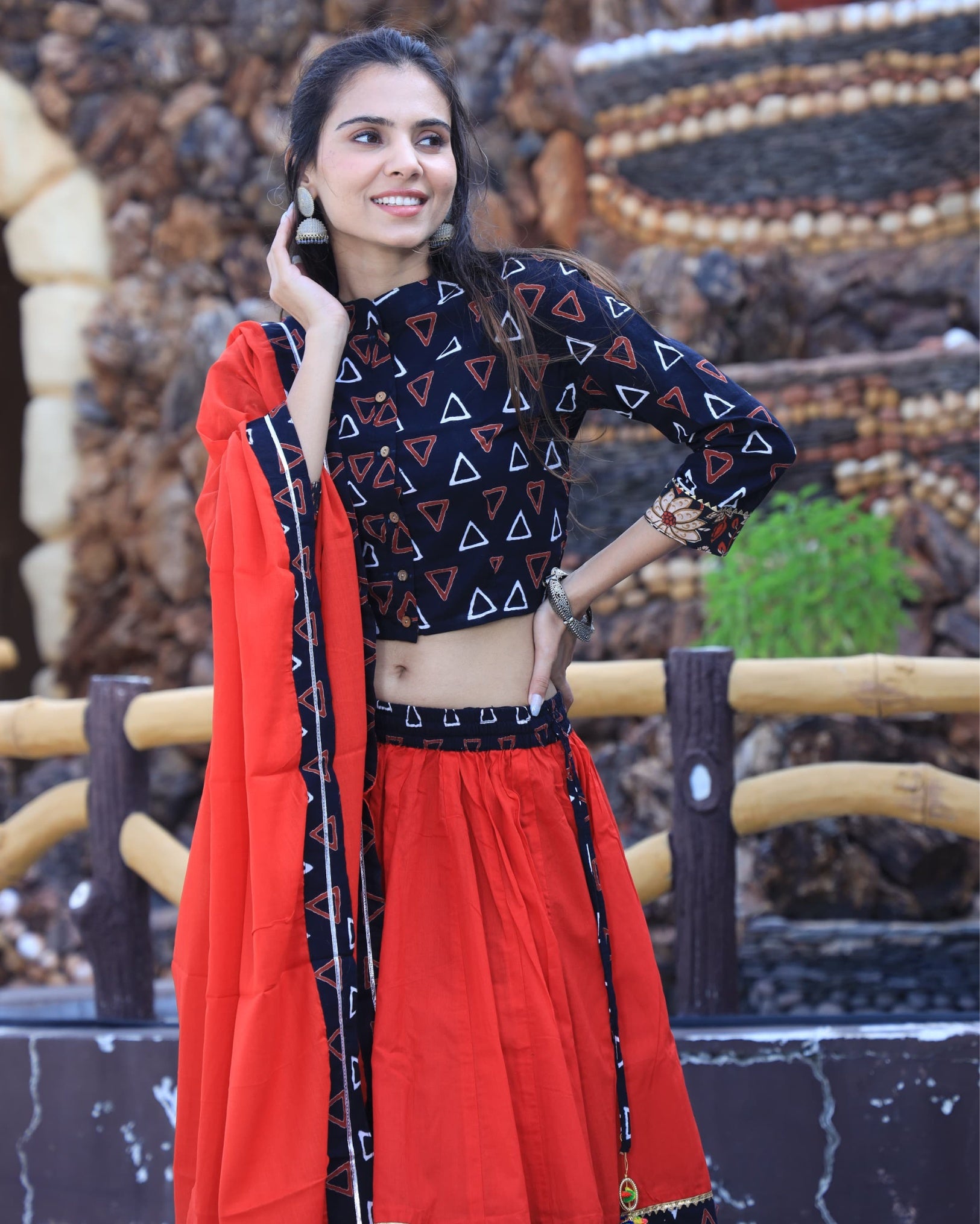 Ziyorah | Blockprinted Cotton Red & Black Lehanga Choli Set