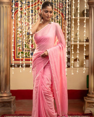 Ziyorah | Mul Cotton Plain Saree Pink with Tassel