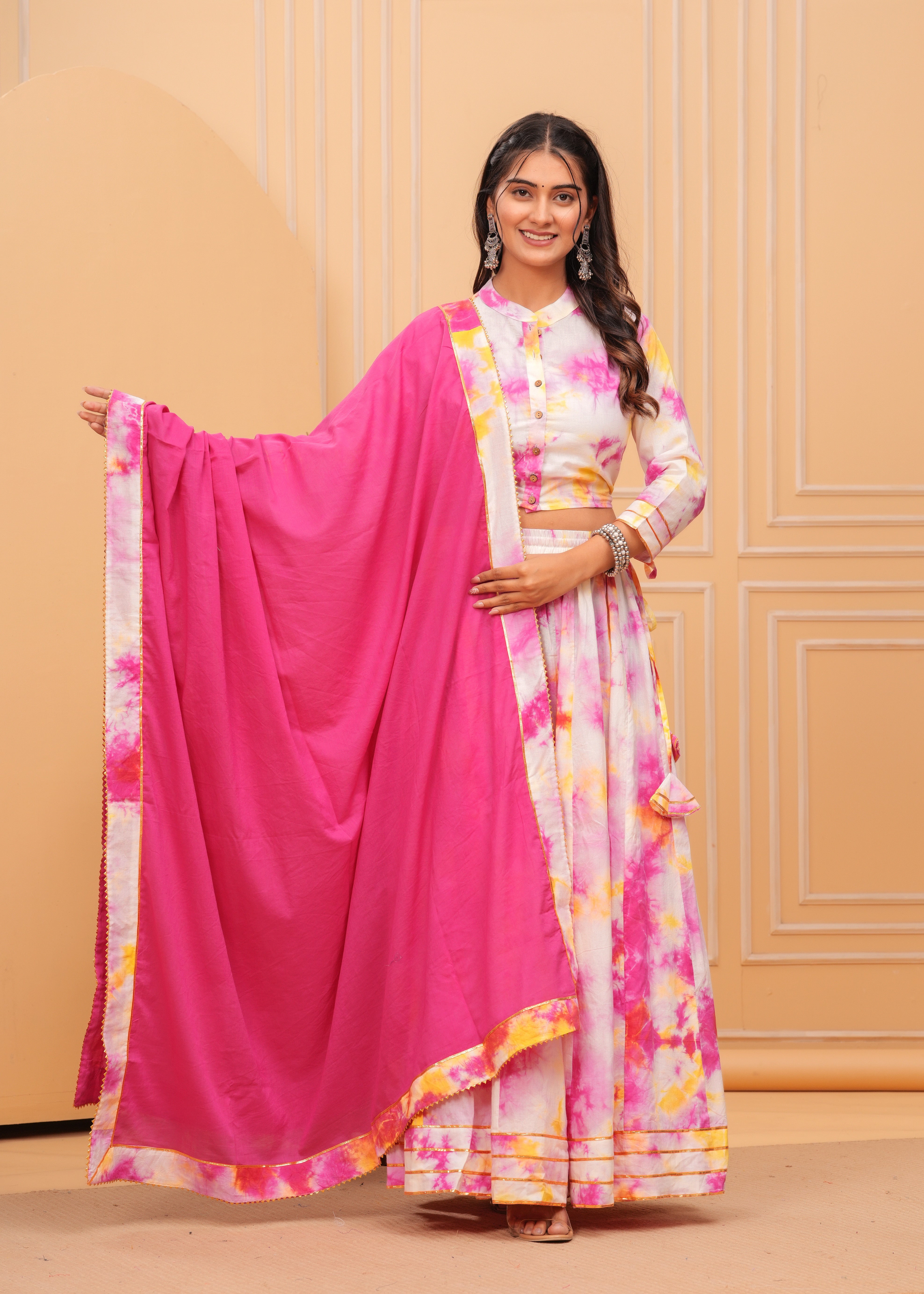 Ziyorah | Blockprinted White & Pink Lehanga Choli Set