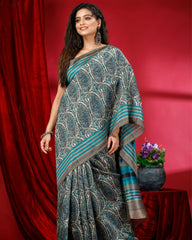 Ziyorah | Kashmiri Silk Printed Green Saree