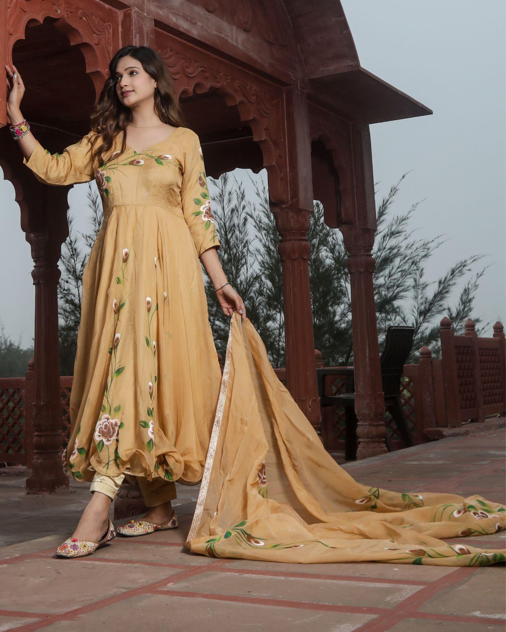 Ziyorah| Organza Honey Yellow Suit Hand Painted Three Quarter Length Sleeve