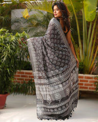 Ziyorah| Slub Linen Saree Dark Grey Color Batik Print With Running Blouse