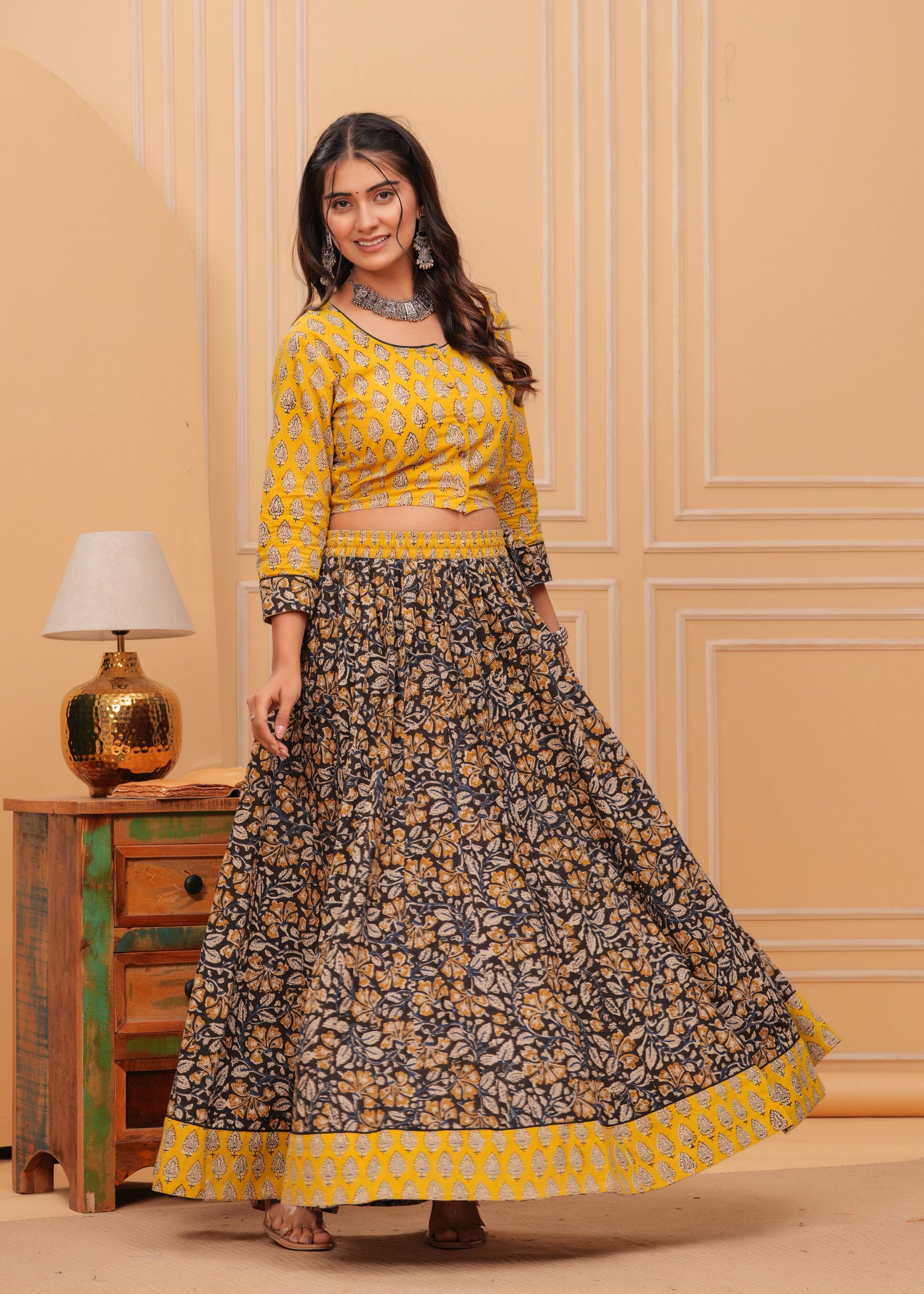 Ziyorah | Blockprinted Black & Yellow Lehanga Choli Set