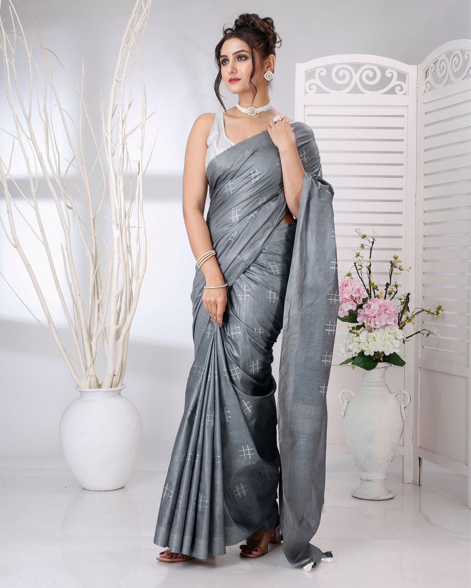 Ziyorah | Katan Silk Saree Gray Color Weaving Design With Blouse