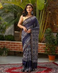 Ziyorah| Kota Silk Saree Indigo Color Batik Print With Running Blouse