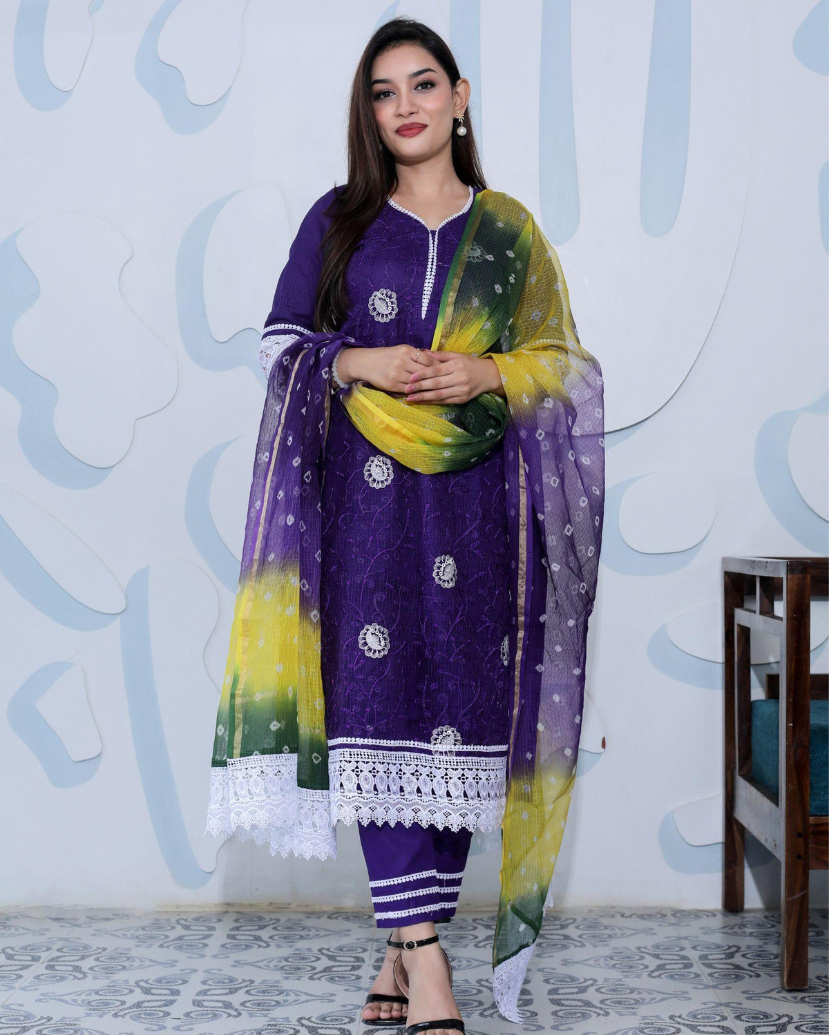 Ziyorah| Kota Doria Purple Suit Stitch Embroidery 3/4Th Sleeve