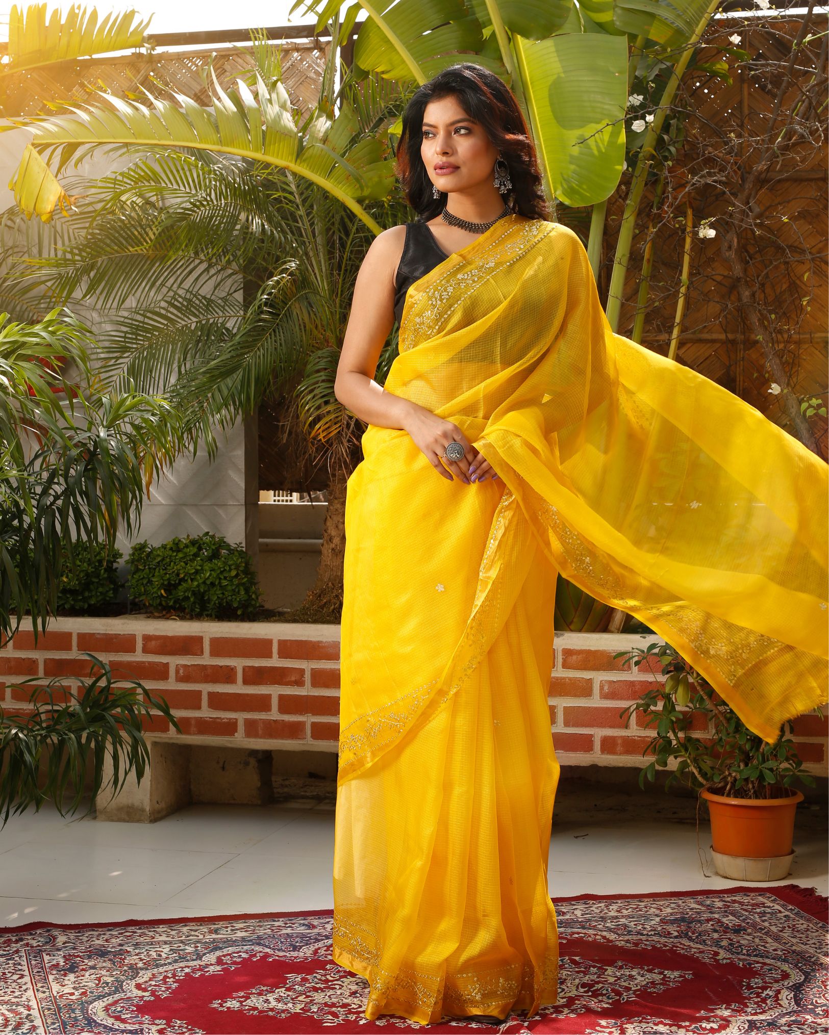 Ziyorah| Pure Silk Kota Doria Saree Banana Yellow Color Allover Hand Pitta Work With Running Blouse