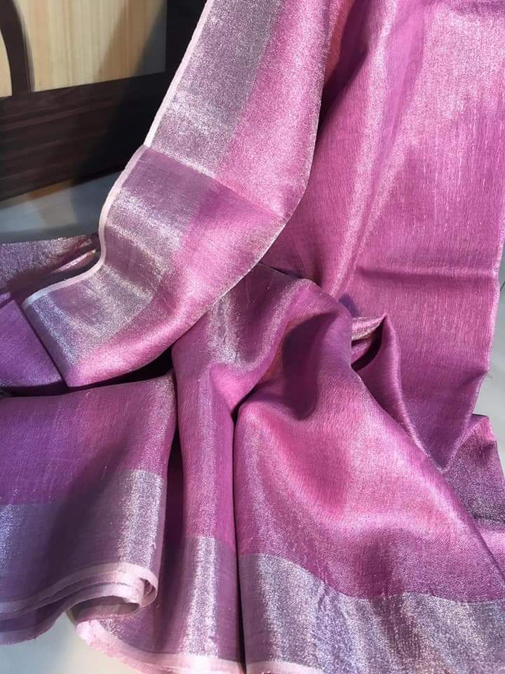 Ziyorah| Hand Dyed Pure Tissue Linen Pink Color Saree With Running Blouse