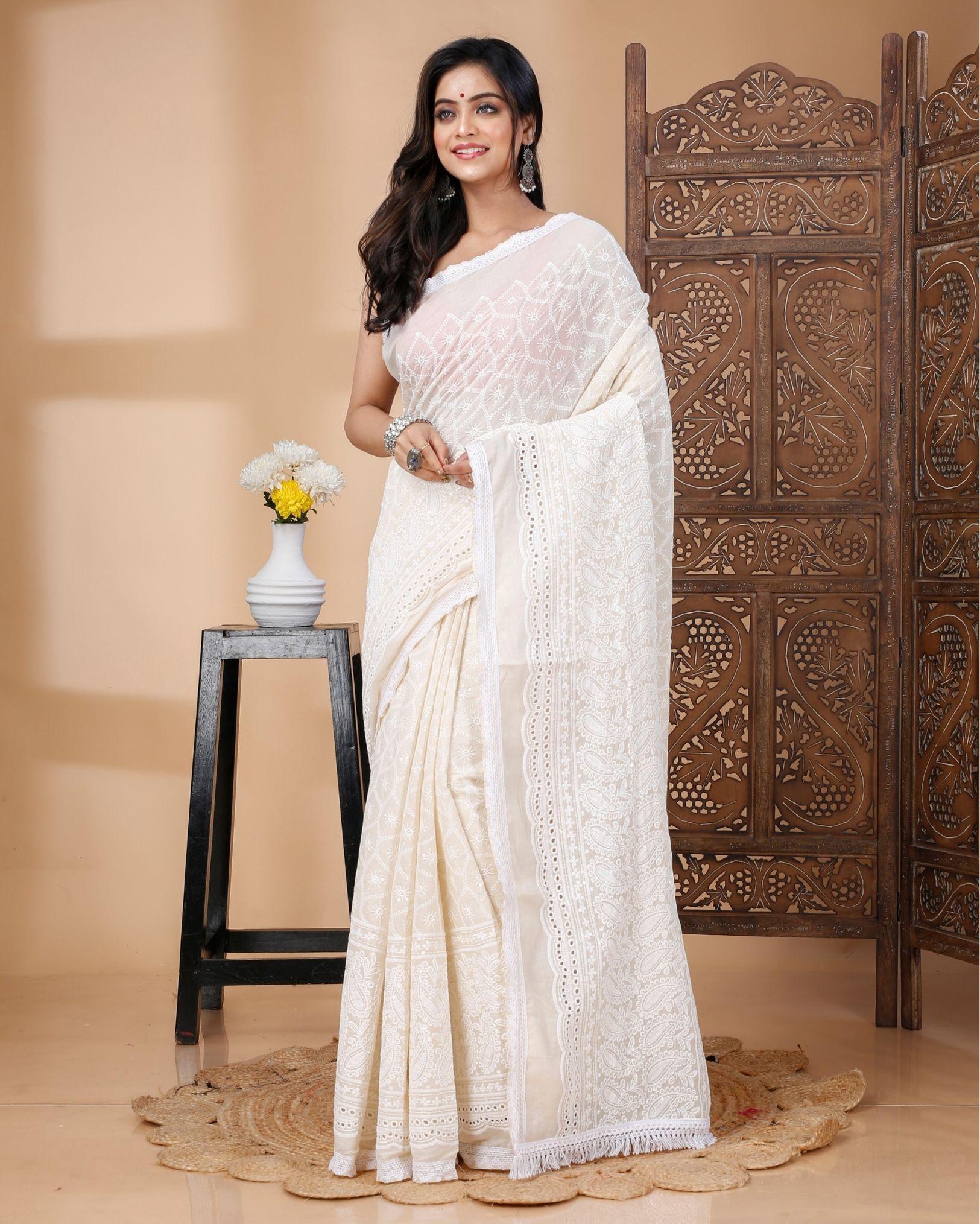 Ziyorah | Handloom Mulmul Cotton Saree Off White Color With Running Blouse