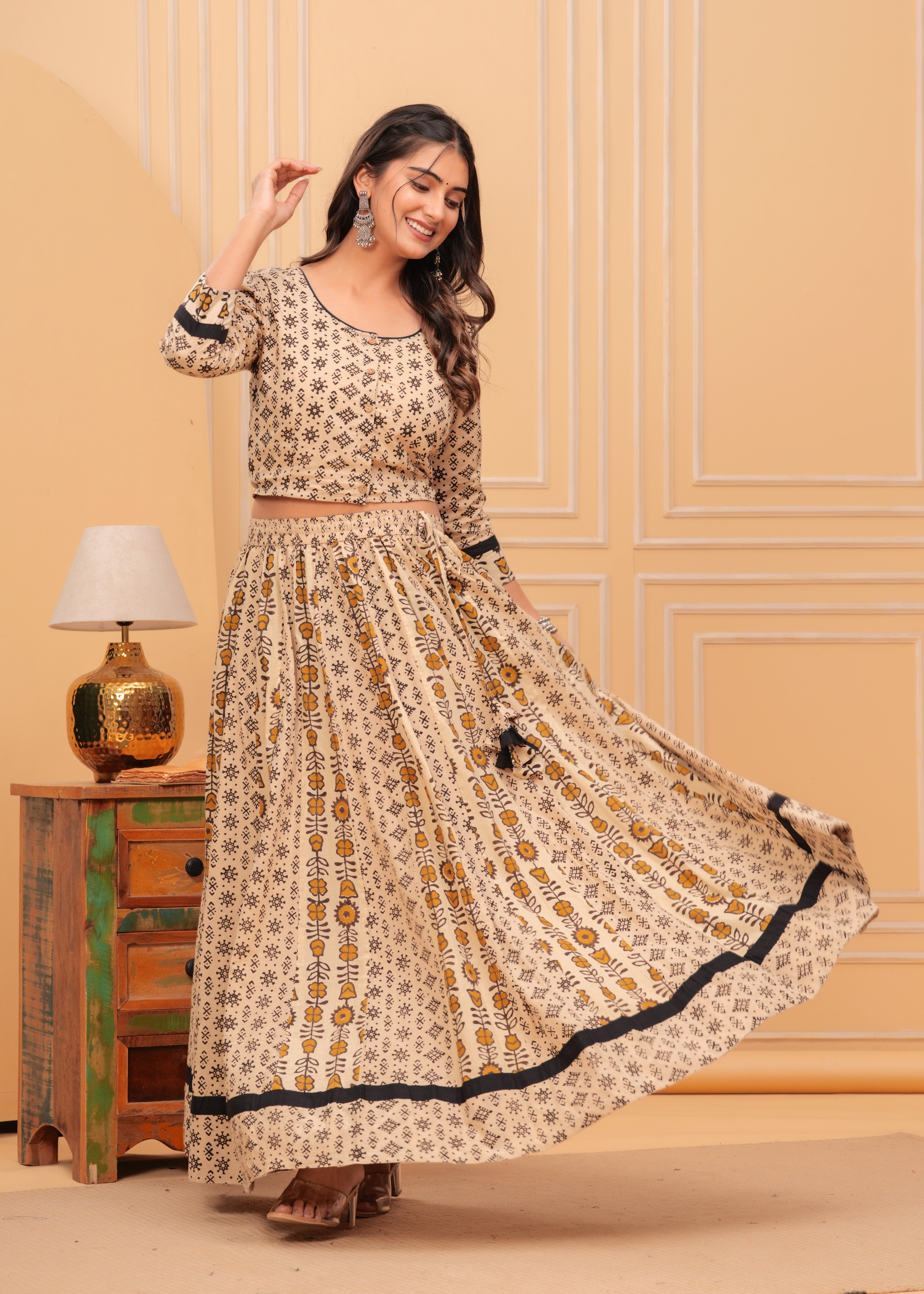 Ziyorah | Blockprinted Beige Lehanga Choli Set