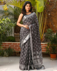 Ziyorah| Slub Linen Saree Dark Grey Color Batik Print With Running Blouse