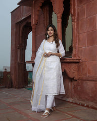 Ziyorah| Kota Doria Suit (Top+Bottom+Dupatta) White Color Stitch Embroidery