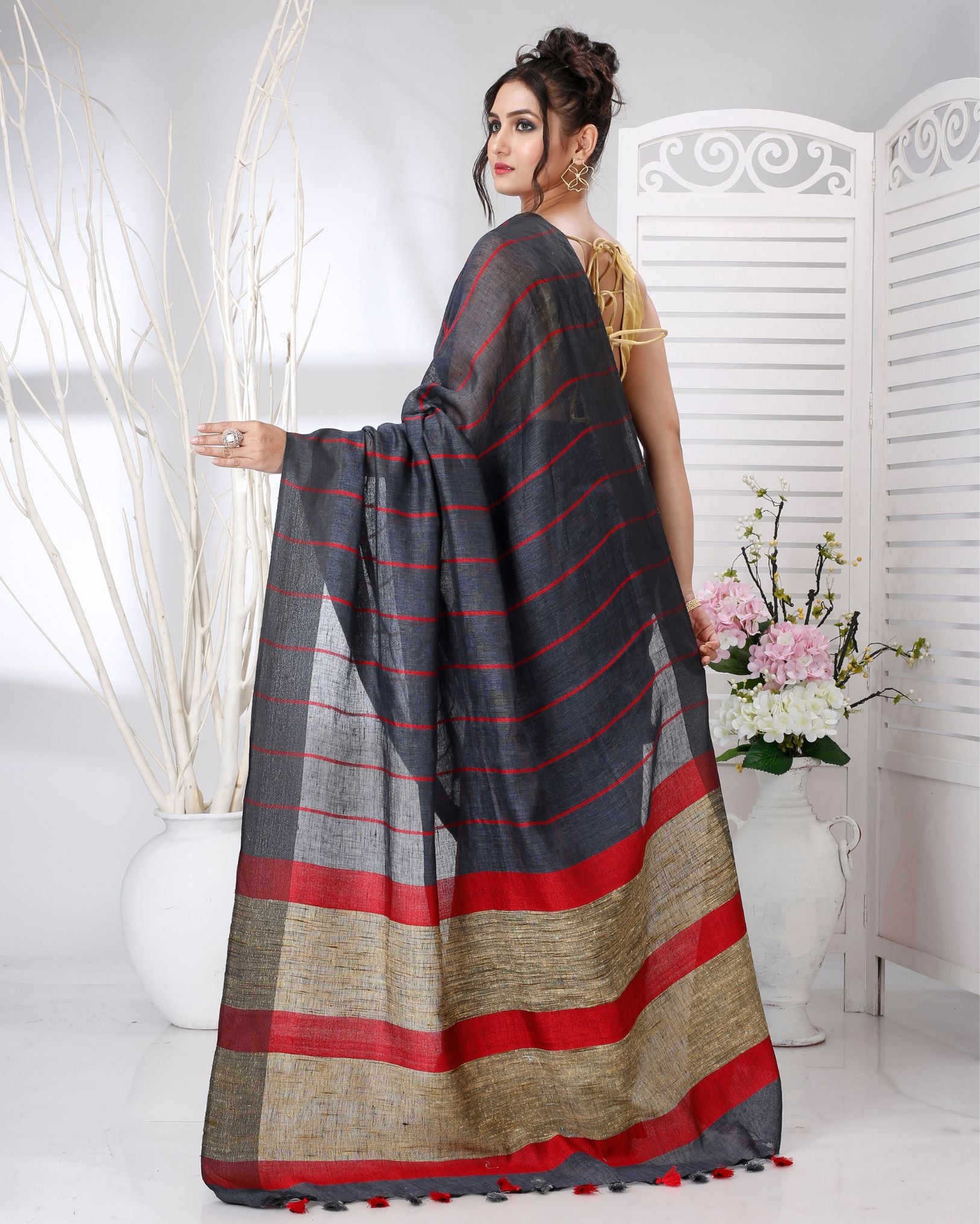 Ziyorah | Pure Linen Purple Saree Striped Design With Running Blouse