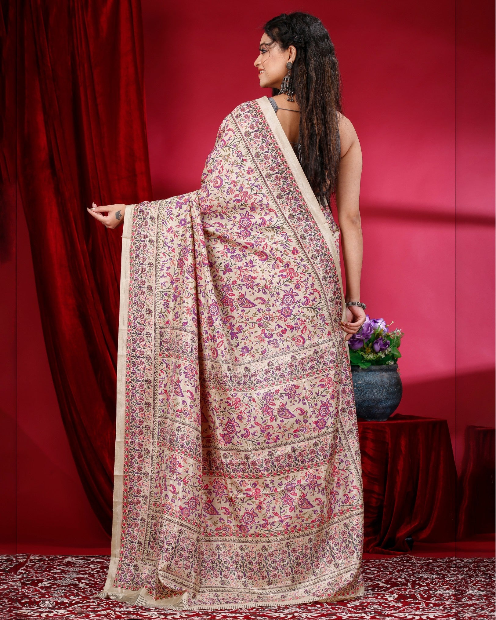 Ziyorah | Kashmiri Silk Beige & Pink Printed Saree