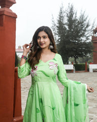 Ziyorah| Organza Pista Green Suit Hand Painted Three Quarter Length Sleeve