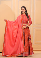 Ziyorah | Blockprinted Orange Lehanga Choli Set