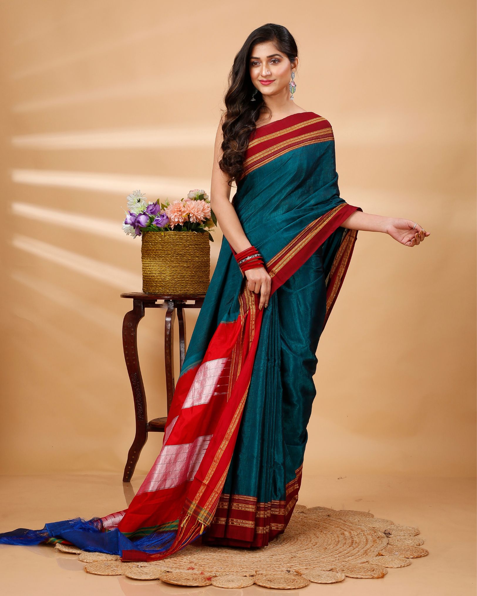 Ziyorah| Ilkal Handloom Cotton Silk Saree Dark Turquoise Color With Running Blouse