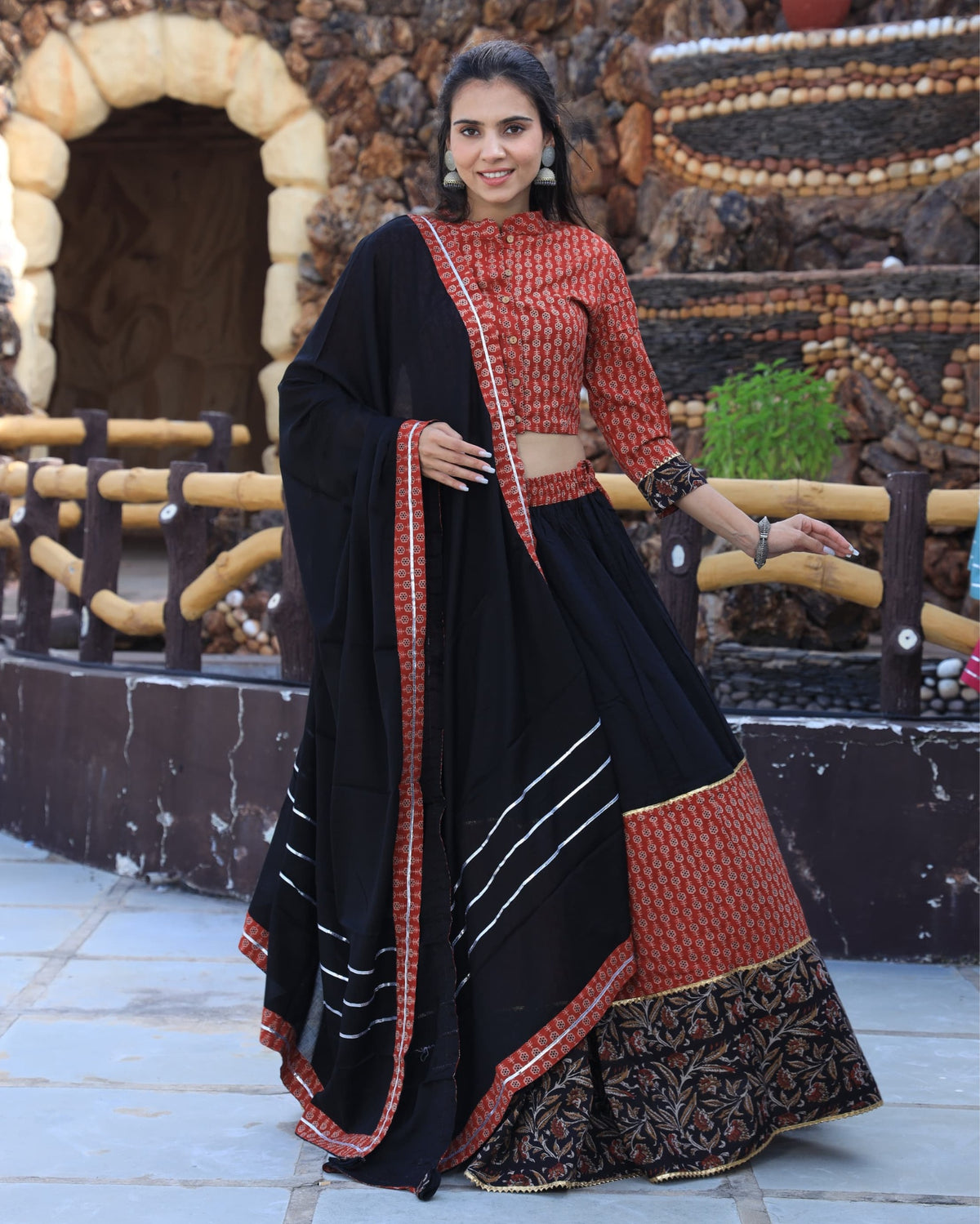 Ziyorah | Blockprinted Cotton Black & Brown Lehanga Choli Set