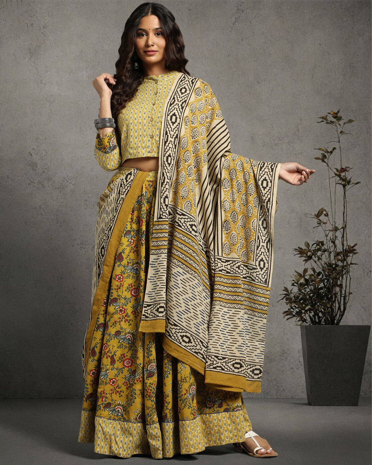 Ziyorah | Blockprinted Cotton Yellow Stitched Lehanga