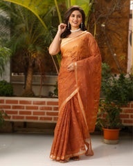 Ziyorah| Pure Cotton Kota Doria Saree Light Brown Color Jaal Embroidery With Running Blouse