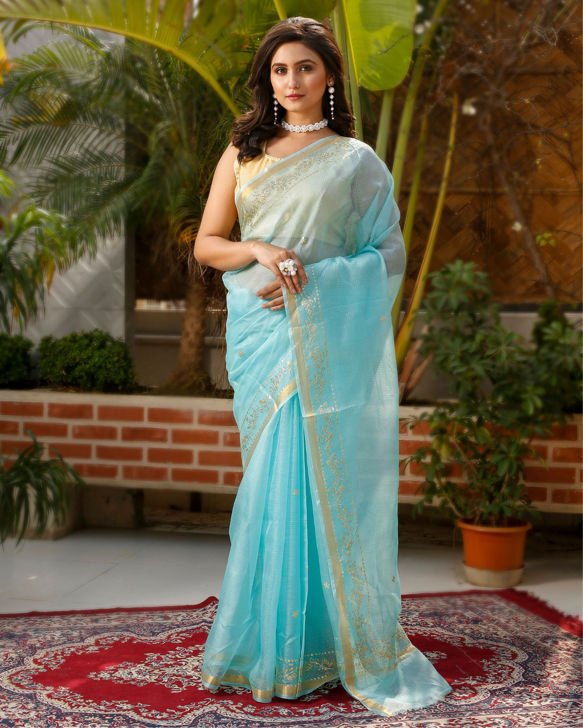 Ziyorah| Pure Silk Kota Doria Saree Sky Blue Color Allover Hand Pitta Work With Running Blouse