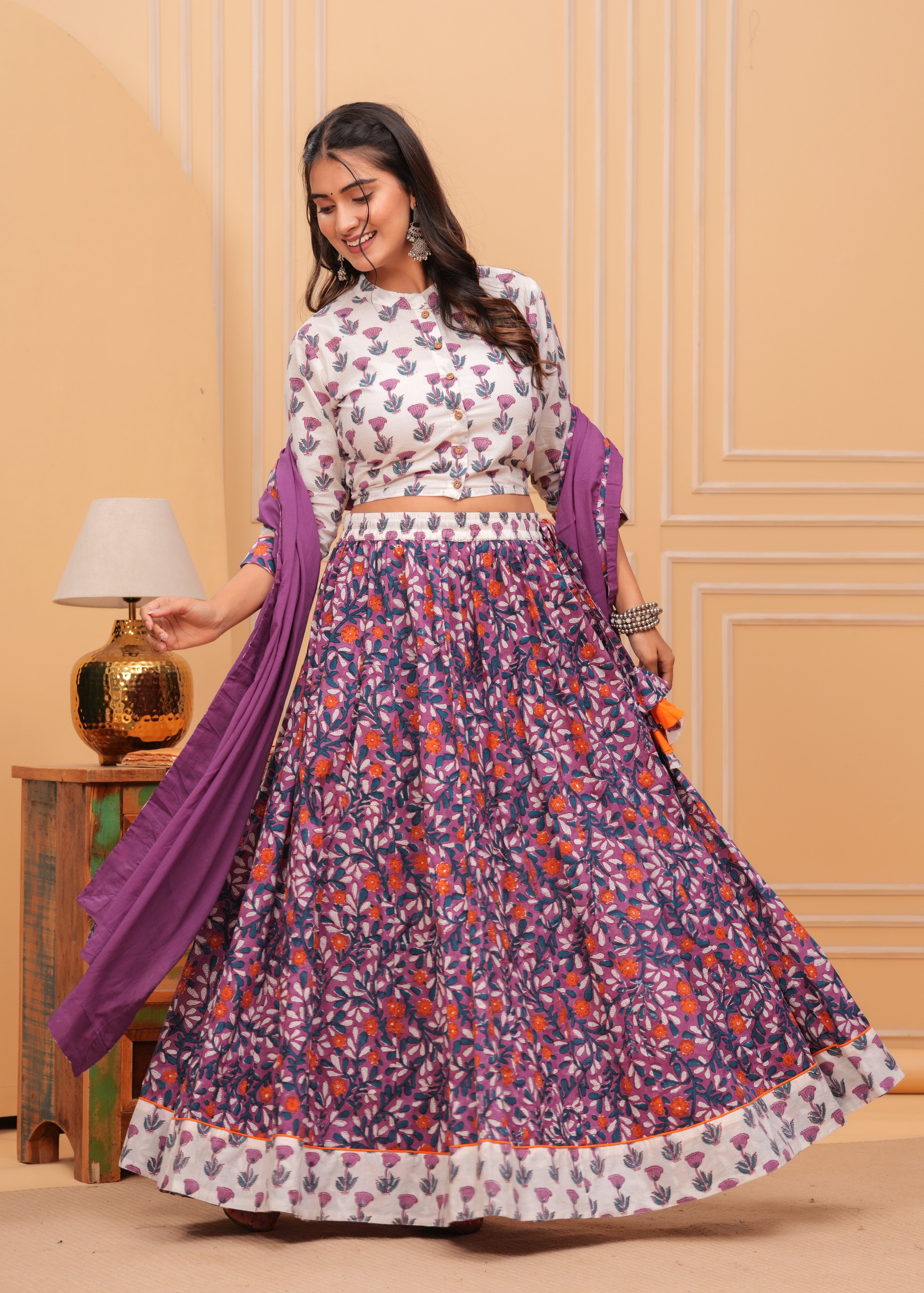 Ziyorah | Blockprinted Purple Lehanga Choli Set