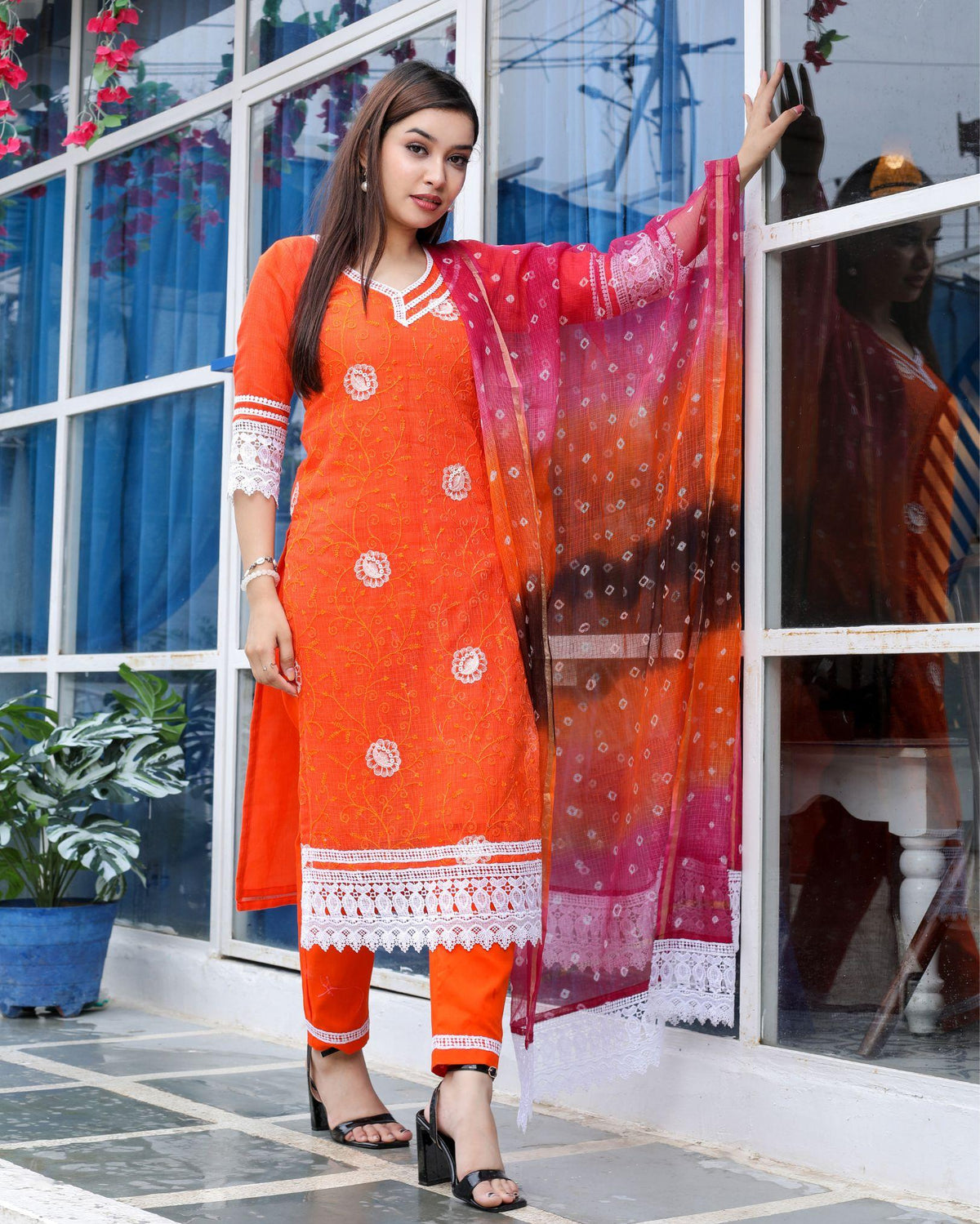 Ziyorah| Kota Doria Orange Suit Stitch Embroidery 3/4Th Sleeve