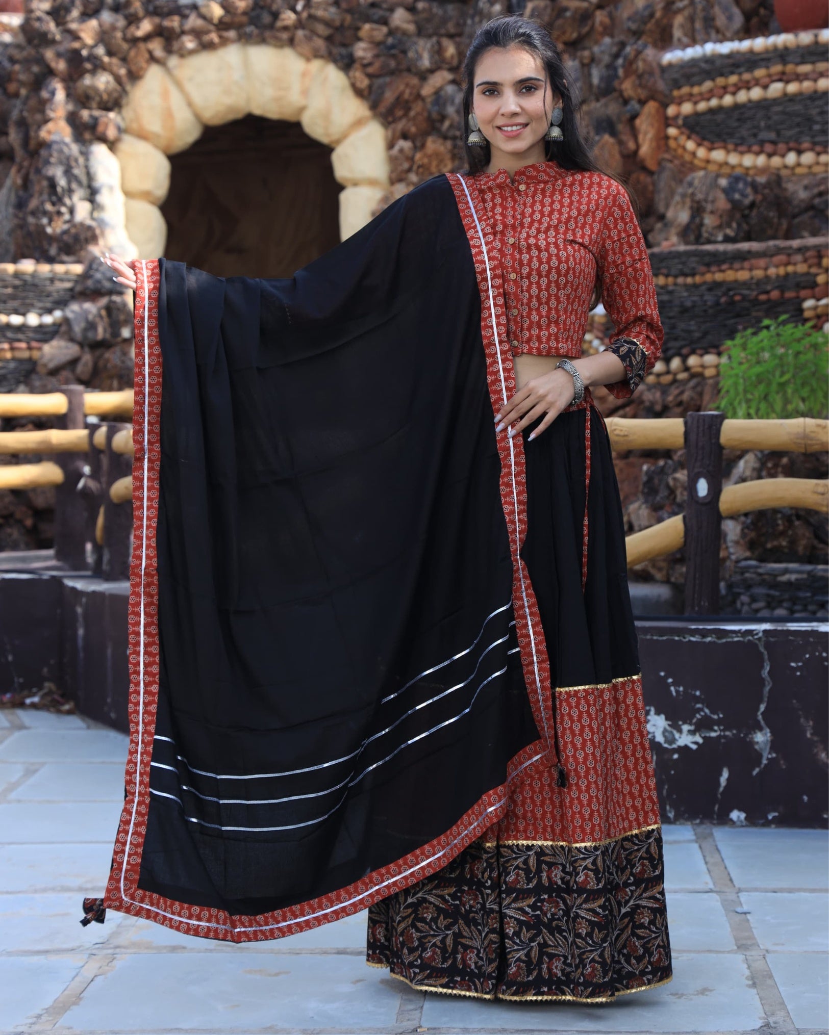 Ziyorah | Blockprinted Cotton Black & Brown Lehanga Choli Set