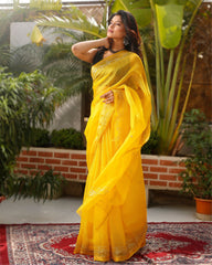 Ziyorah| Pure Silk Kota Doria Saree Banana Yellow Color Allover Hand Pitta Work With Running Blouse