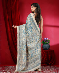 Ziyorah | Kashmiri Silk Beige & Blue Printed Saree