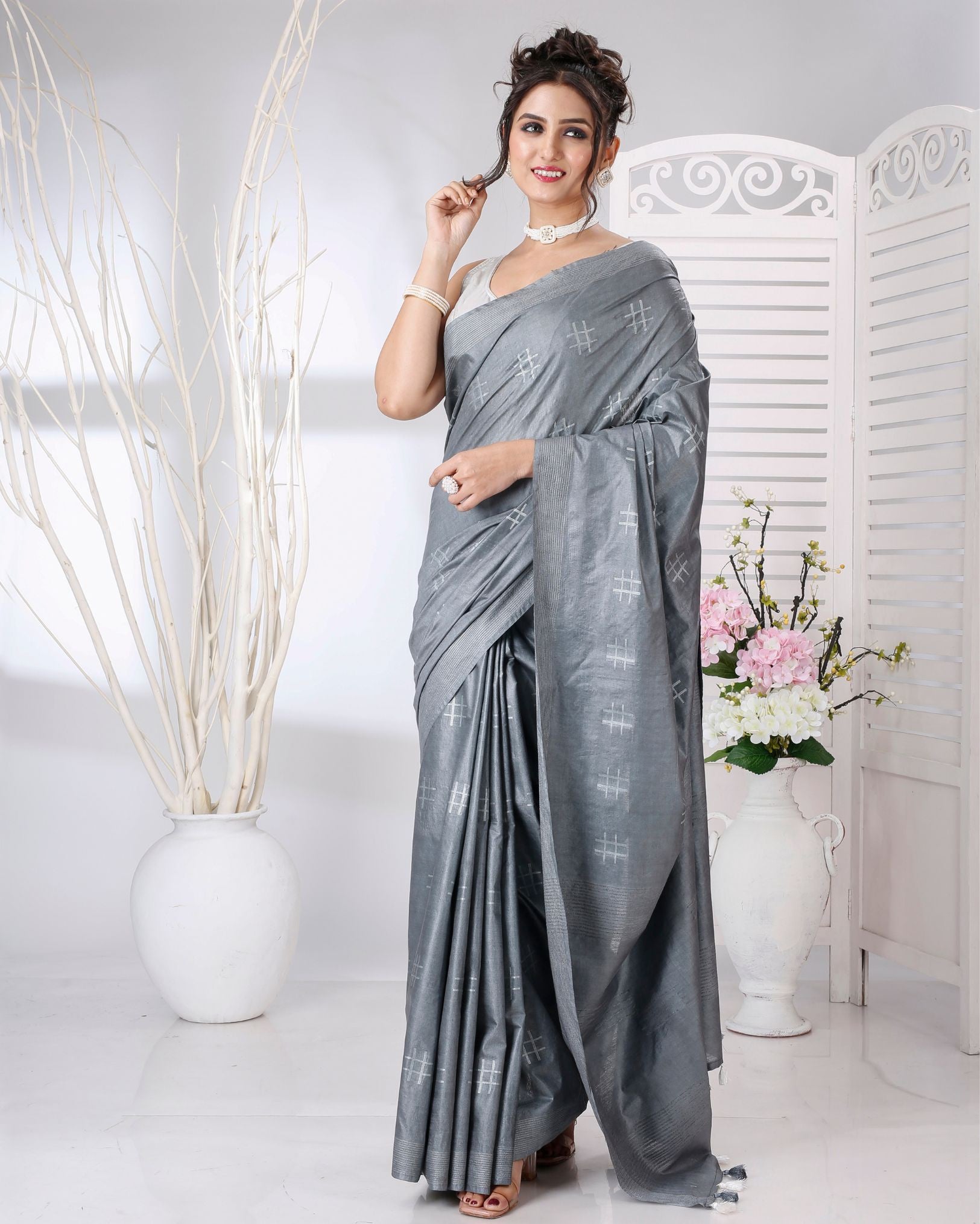 Ziyorah | Katan Silk Saree Gray Color Weaving Design With Blouse