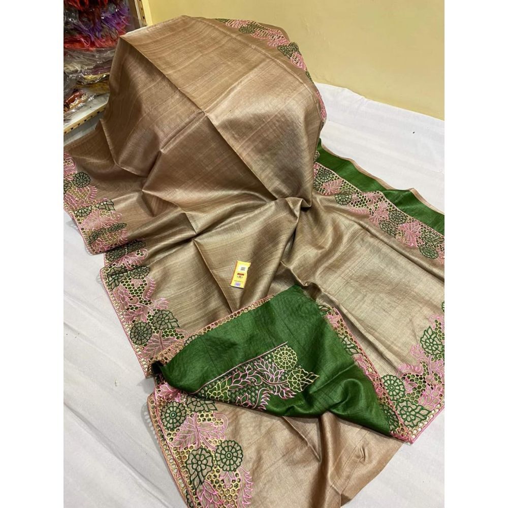 Ziyorah| Silkmark Certified Pure Tussar Hand Cutwork Beige Saree With Contrast Blouse