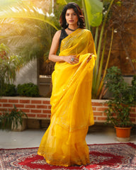 Ziyorah| Pure Silk Kota Doria Saree Banana Yellow Color Allover Hand Pitta Work With Running Blouse