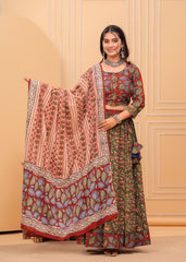 Ziyorah | Blockprinted Green & Red Lehanga Choli Set