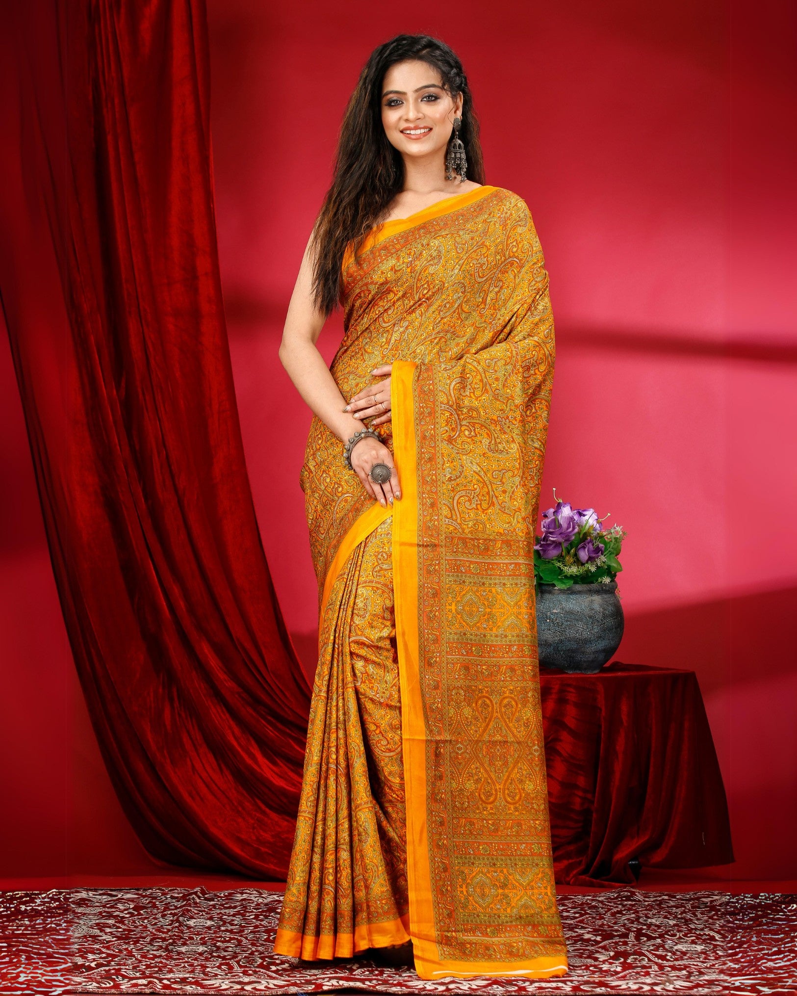 Ziyorah | Kashmiri Silk Yellow Printed Saree