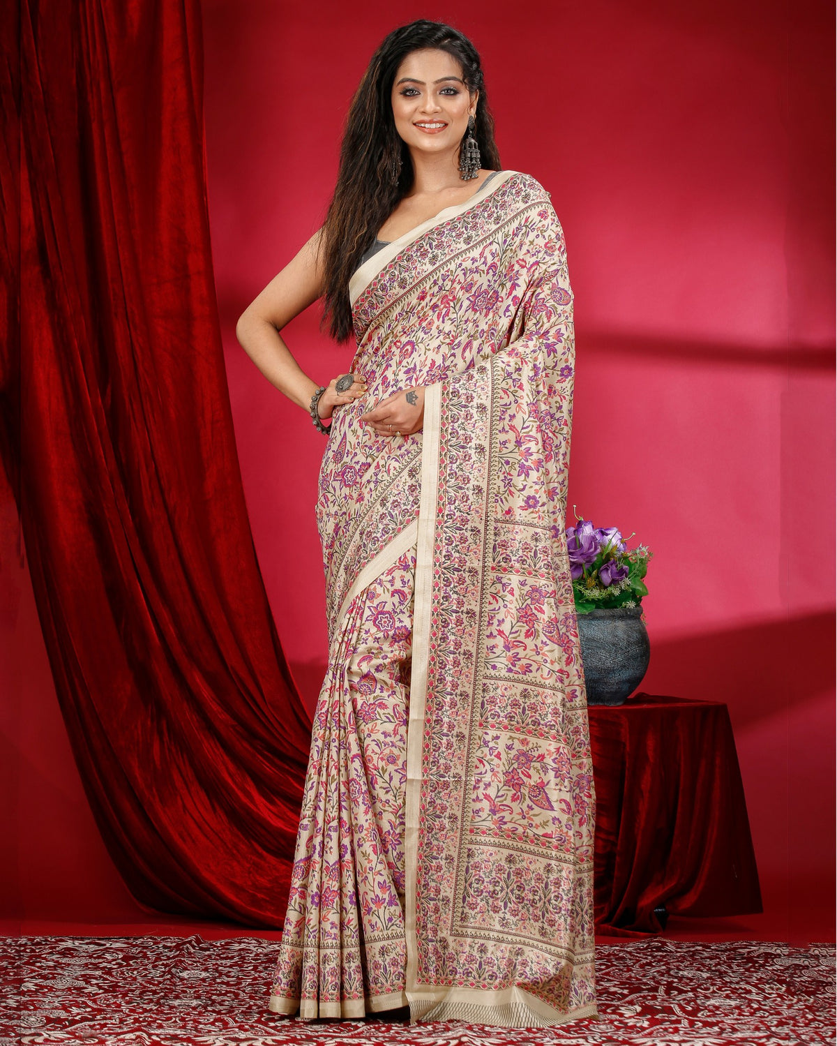 Ziyorah | Kashmiri Silk Beige & Pink Printed Saree