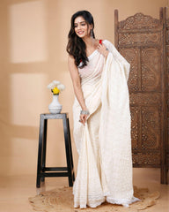 Ziyorah | Handloom Mulmul Cotton Saree Off White Color With Running Blouse