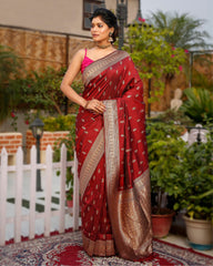 Ziyorah| Banarasi Silk Saree Maroon Color With Allover Buti And Blouse