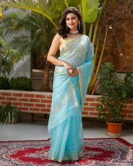 Ziyorah| Pure Silk Kota Doria Saree Sky Blue Color Allover Hand Pitta Work With Running Blouse