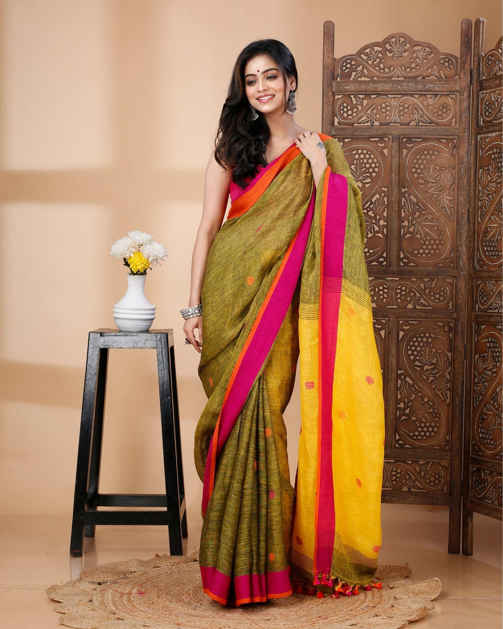 Ziyorah | Handloom Tissue Linen Saree Buti Design And Contrast Pallu With Running Blouse Dark Olive Green