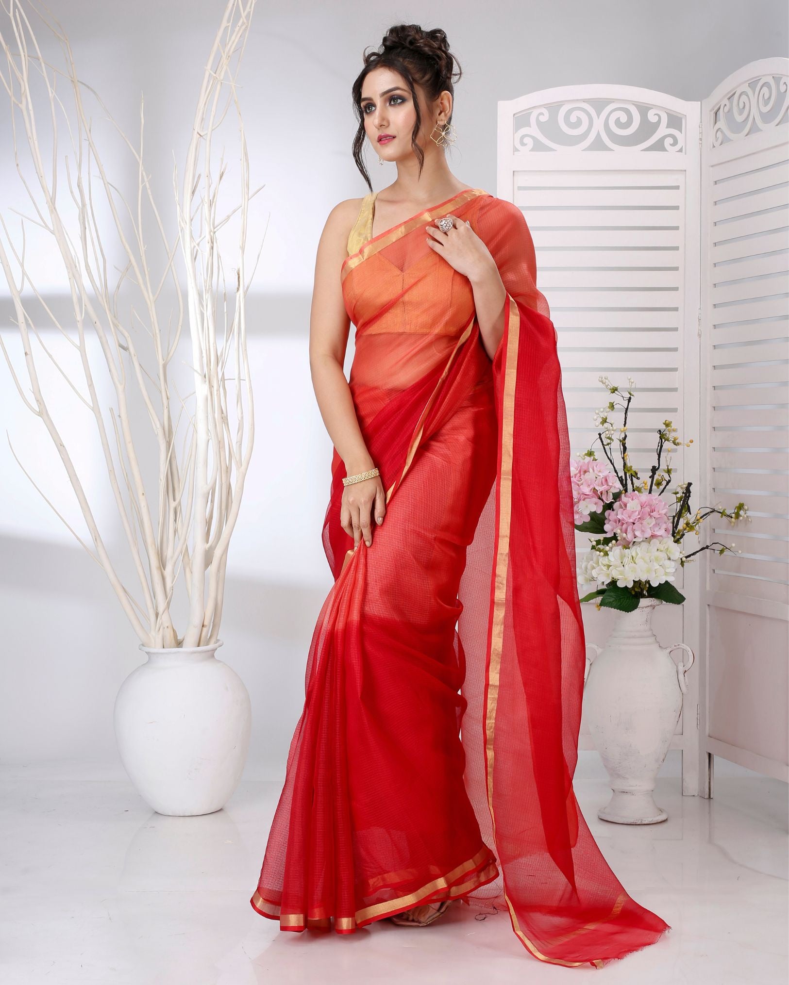 Ziyorah | Kota Silk Orange Saree Plain With Running Blouse