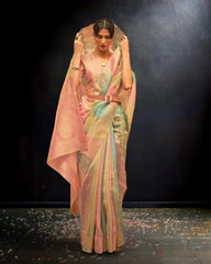 Ziyorah | Organza Banarasi Silk Pink & Green Saree