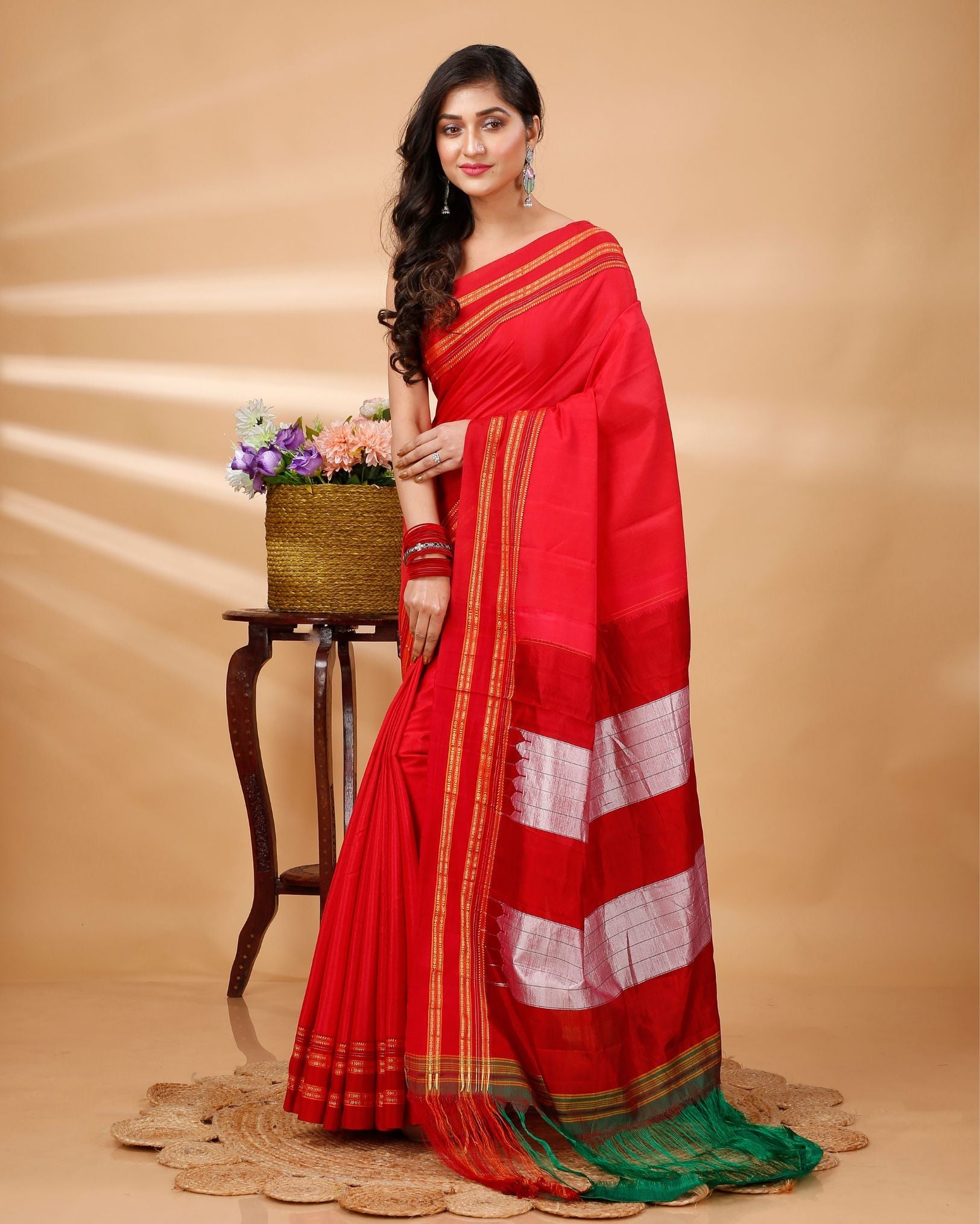 Ziyorah| Ilkal Handloom Cotton Silk Saree Red Color With Running Blouse