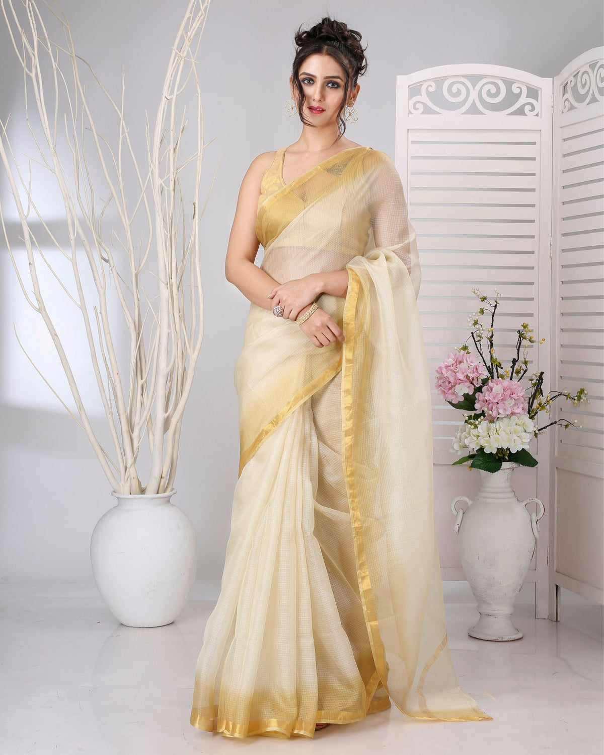 Ziyorah | Kota Silk Off White Saree Plain With Running Blouse