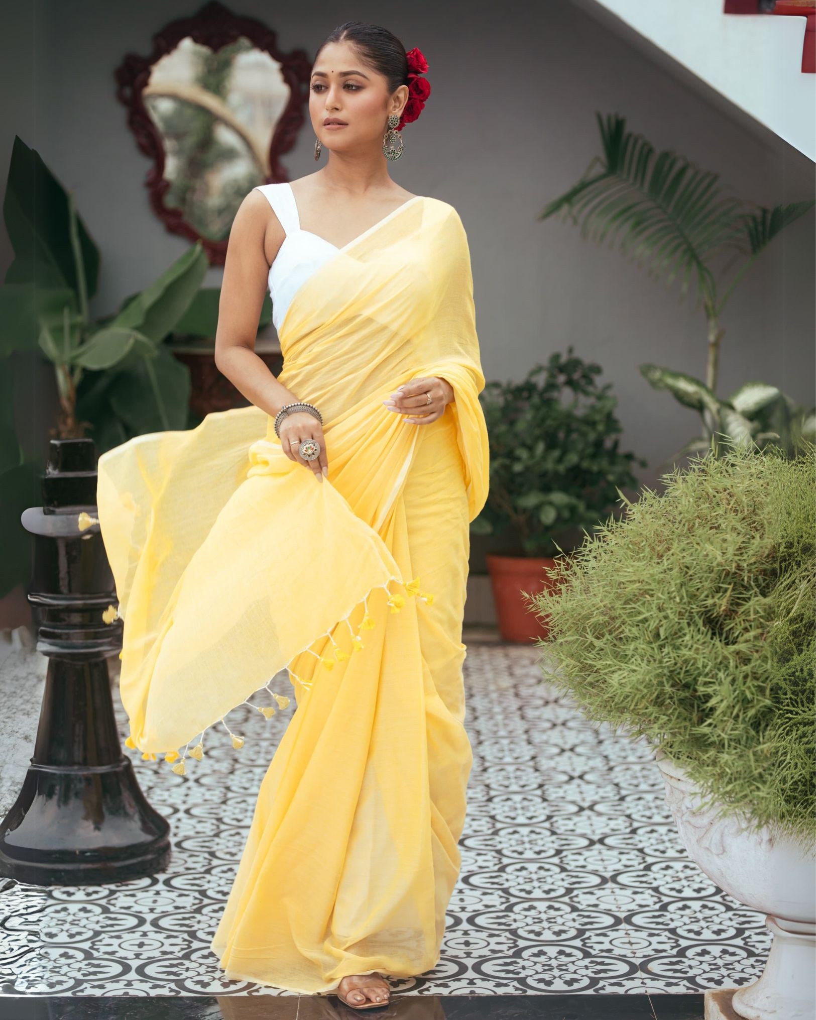 Ziyorah | Mul Cotton Plain Saree Yellow with Tassel