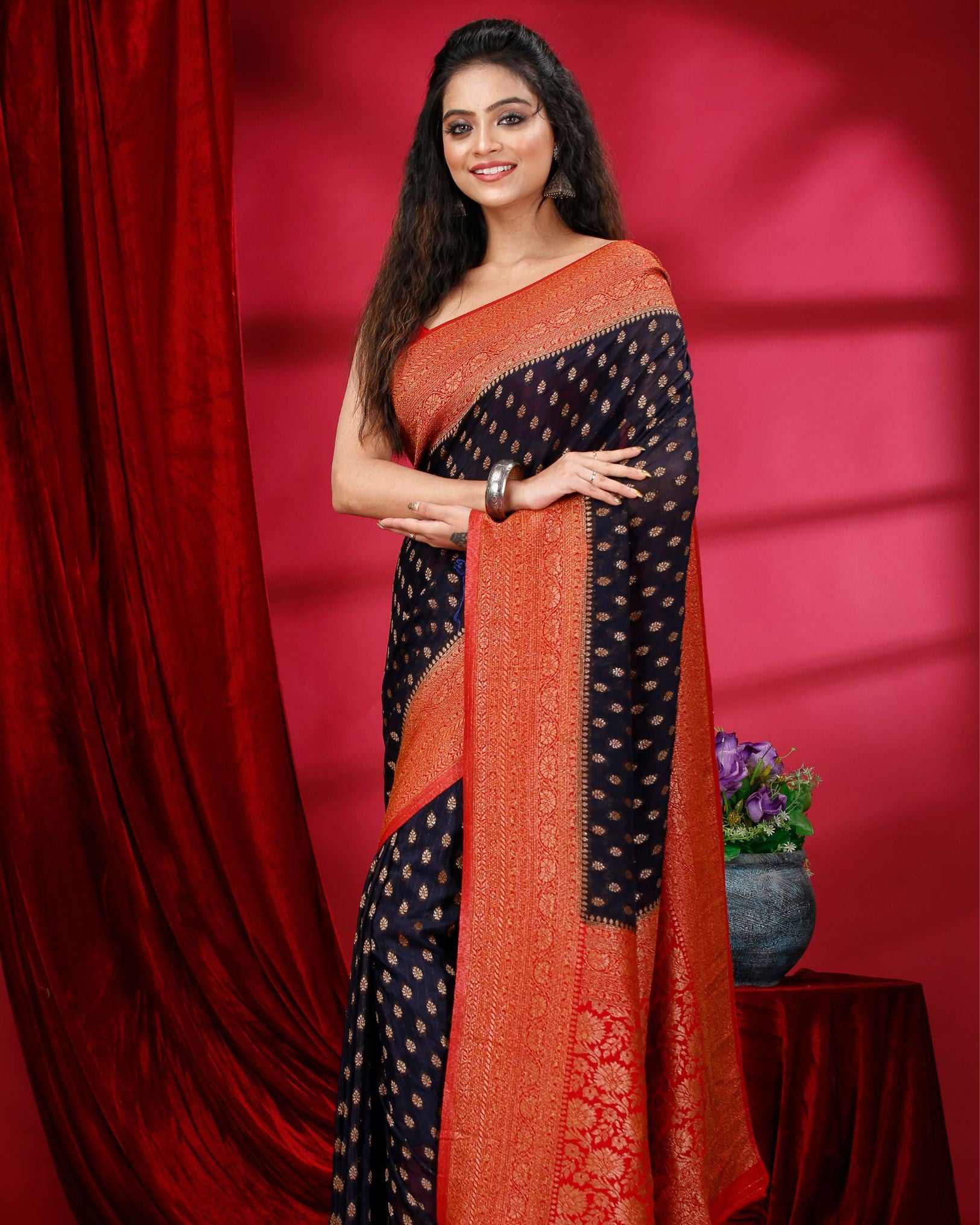 Ziyorah | Banarasi Khaddi Georgette Black & Red Saree | Elegant